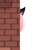 a girl with pink hair is peeking behind a red brick wall