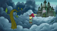 a cartoon character in a red hat stands in front of a castle