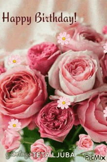 a birthday card with a bouquet of pink roses and flowers