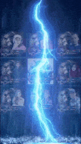 a lightning bolt is coming through a display of pictures of people