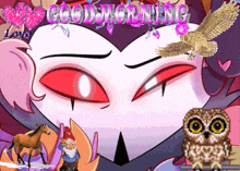 a picture of a gnome a horse and an owl with good morning written on it
