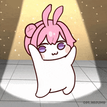 a cartoon drawing of a girl with pink hair and purple eyes