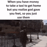 a man is walking down a street in a video game .