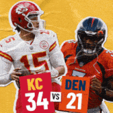 two football players holding signs that say kc 34 vs 21