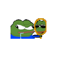 a frog with sunglasses is looking at itself in a mirror