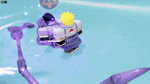 a cartoon character with a yellow hair is flying through the air with a purple object behind him