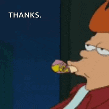 a cartoon character is blowing a party horn with the words `` thanks '' written above him .