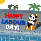 a panda bear is laying in a lawn chair with the words happy labour day written above it