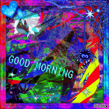 a colorful background with a spider web and the words good morning