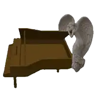 a statue of a woman with angel wings leaning on a piano