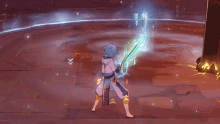 a video game character is holding a blue sword in a circle
