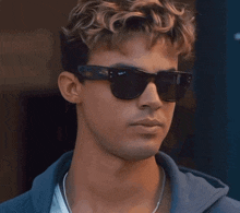 a close up of a man wearing sunglasses and a blue hoodie