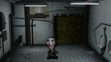 a cartoon character with a bloody face is standing in a bathroom