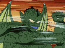 a cartoon drawing of a monster with wings and a blue mouth