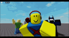 a yellow roblox character wearing headphones stands in front of a menu button