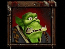 a painting of a green goblin with a sword in his mouth .