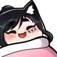 a cartoon character with a cat ear and a scarf around her neck is smiling .
