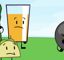 a cartoon drawing of a taco and a glass of orange juice with a sad face