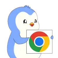 a blue and white penguin is holding a sign with the google chrome logo on it