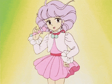 a cartoon girl is singing into a microphone while wearing a pink dress .