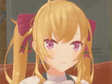 a girl with blonde hair and purple eyes has a red bow in her hair