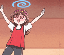 a cartoon girl with a swirl on her head is raising her arms in the air