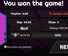 a screen that says " you won the game " at the top