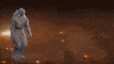 a statue of a monster is standing in front of a huge explosion
