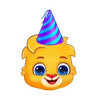 a cartoon bear wearing a party hat with a purple and blue stripe