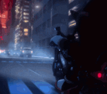 a blurry picture of a person riding a motorcycle in a city