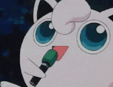 a cartoon character holding a green microphone in its mouth
