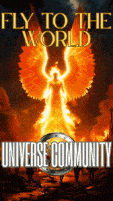 poster that says fly to the world universe community