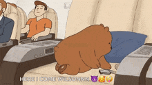 a cartoon of a bear saying here i come wilsonnn on an airplane