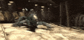 a monster is crawling on top of a wooden table in a dark room .