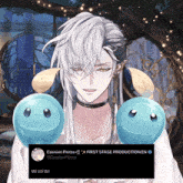 a picture of a man with long white hair and two blue balls that say first stage production on it
