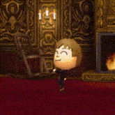 a cartoon character is standing in front of a fireplace in a room