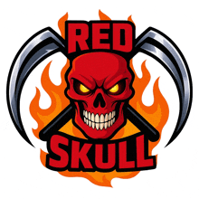 a logo for red skull with a red skull and flames