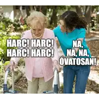 a woman is helping an elderly woman walk with a walker and the captions are in a foreign language .