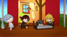 a group of cartoon characters are standing around a bed on a porch