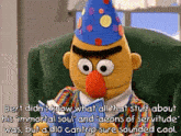 bert from sesame street is wearing a birthday hat