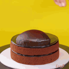 a chocolate cake is being decorated with a red ribbon by easy plus