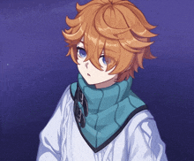 a boy with orange hair and blue eyes is wearing a white sweater and a blue scarf around his neck