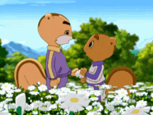 two cartoon squirrels standing in a field of daisies
