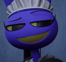 a blue cartoon character wearing a maid hat