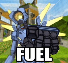 a robot is holding a grenade and the word fuel is below it