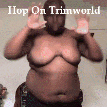 a man with a mask on his face and the words hop on trimworld written above him