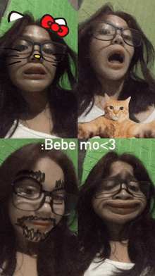 a girl wearing glasses has a cat on her shoulder and the words bebe mo < 3 on the bottom right