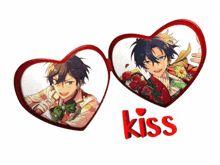 two hearts with a picture of a man and the word kiss below them