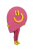 a pink mascot with a yellow smiley face on its face