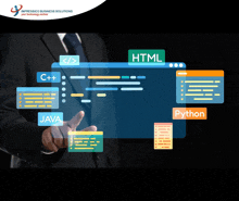 a man in a suit is pointing at a screen with html python and java icons